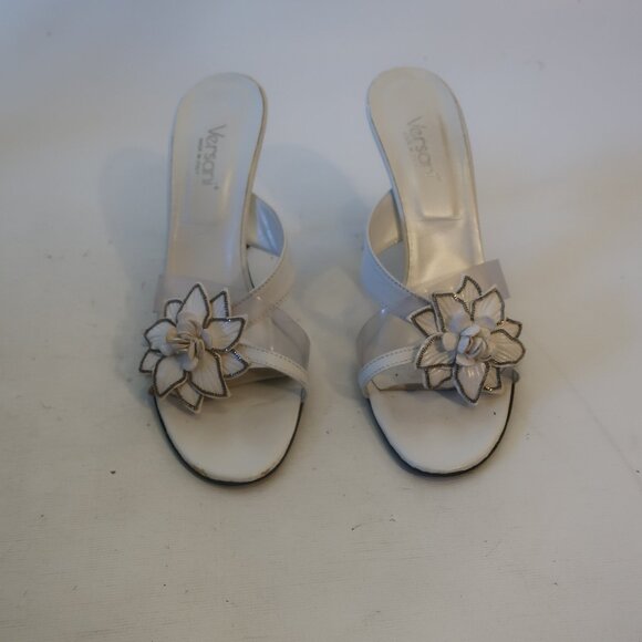Womens Versani White Clear Open Toe Leather PVC Strappy Sandal Mule Heels 9.5 - Picture 6 of 13